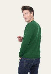 Pull vert à manches longues, col ras du cou et poignets côtelés. Associé à un jean en denim bleu. Modèle tourné légèrement vers l'arrière, souriant.