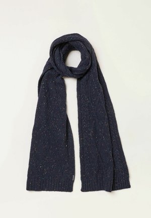 Bufanda de punto azul marino oscuro con hilos moteados multicolor, extendida y con un extremo anudado de forma suelta.