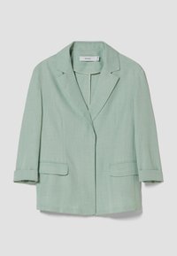 Blazer vert clair en tissu mélange lin. Présente un col cranté, des poignets retroussés et deux poches avant. Design simple et ajusté.