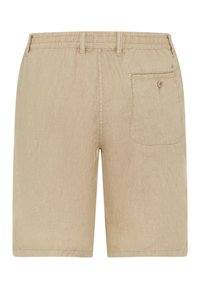 Pantaloni corti beige in lino con vita elasticizzata, dotati di una tasca posteriore con bottone e un tessuto leggermente strutturato.
