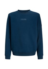 Navy blauwe sweatshirt gemaakt van zachte stof, met een ronde halslijn, lange mouwen en een subtiele logo op de voorkant. Ribgebreide manchetten en onderrand.