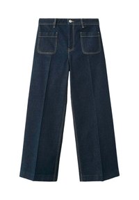 Jean en denim bleu foncé à jambes larges avec poches plaquées devant et surpiqûres contrastantes visibles sur les coutures et les ourlets, posé à plat sur fond blanc.