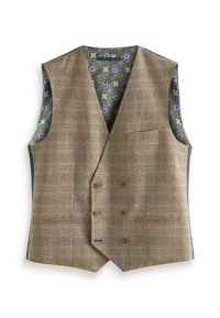 Hnedý károvaný dvojradový vest s štyrmi gombíkmi, dvoma prednými vreckami a zelenou podšívkou s kvetinovým vzorom, rozložený na bielom pozadí.