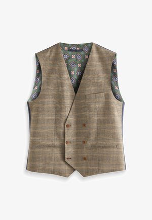 Braune karierte, doppelt-knöpfbare Weste mit vier Knöpfen, zwei Fronttaschen und floral gemustertem grünen Innenfutter, flach auf weißem Hintergrund ausgebreitet.