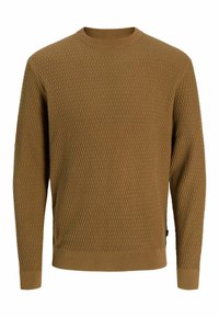 Maglione lavorato a maglia marrone con un motivo a diamante testurizzato, scollatura a girocollo e polsini e orlo a coste. Realizzato in tessuto morbido.
