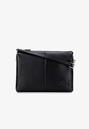 Zwarte leren clutch met een gladde textuur, ritssluiting en afneembare schouderriem. Voorzien van logo-embossing aan de onderkant.