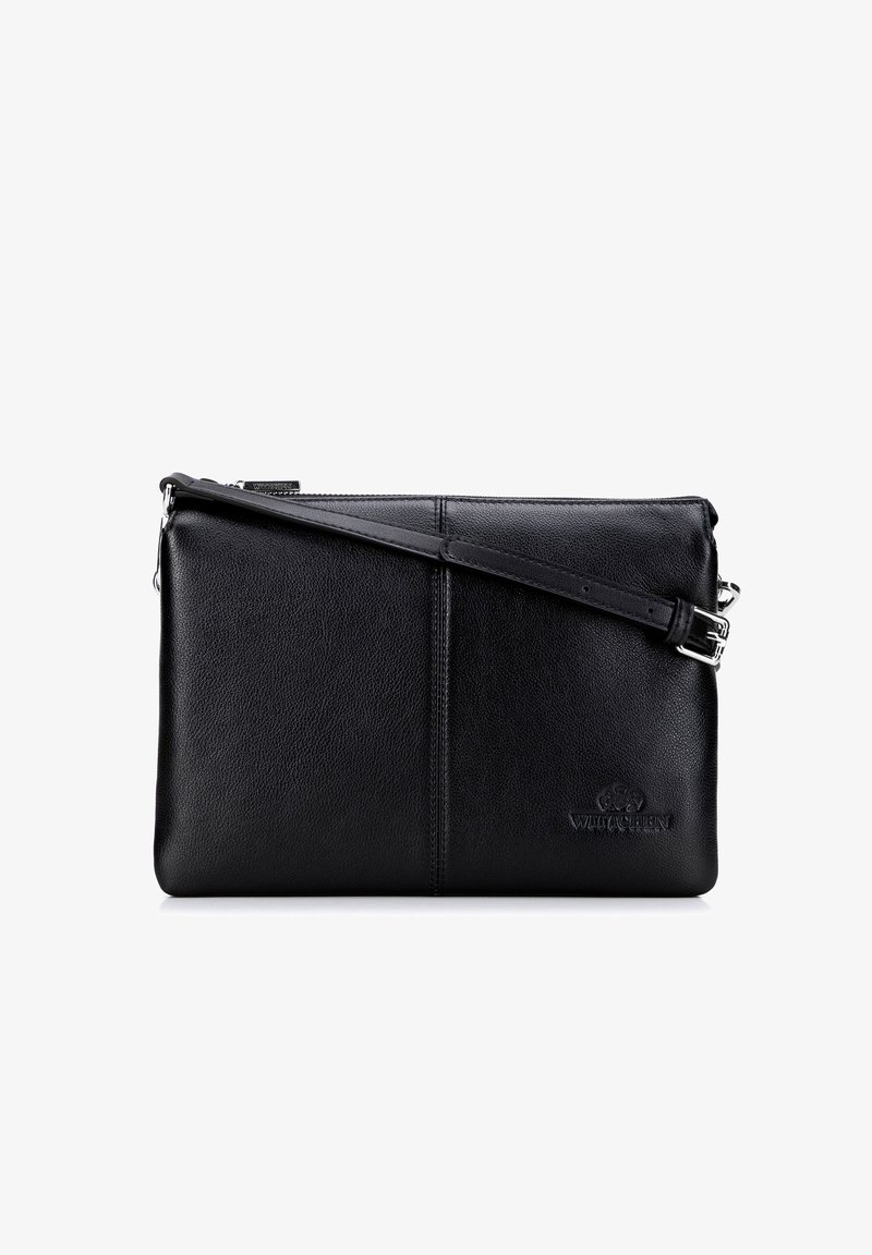 Schwarze Leder-Clutch mit glatter Textur, Reißverschluss und abnehmbarem Schulterriemen. Am unteren Ende befindet sich eine Logo-Prägung.