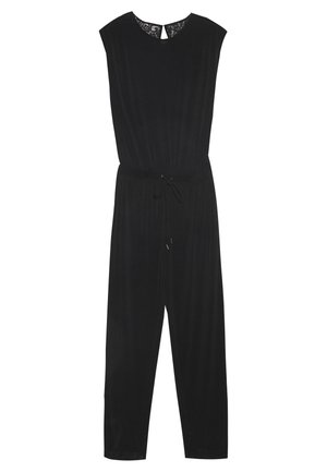 Czarny kombinezon z okrągłym dekoltem i koronkowym akcentem z tyłu. Posiada krótkie rękawy, talię na sznurek oraz zwężane nogawki.