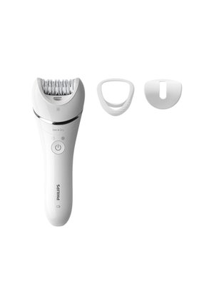 Épilateur blanc avec une tête texturée, bouton d'alimentation et étiquette "Humide & Sec". Comprend deux accessoires blancs pour différents besoins d'épilation.