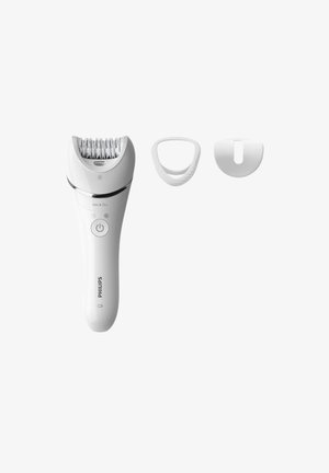 Witte epilator met een gestructureerde kop, aan/uit-knop en een "Wet & Dry" label. Inclusief twee witte accessoires voor verschillende haarverwijderingsbehoeften.