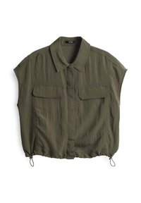 Olijfgroene shirt met korte mouwen, een kraag, twee voorzakken en een verstelbare trekkoordzoom. Gemaakt van een lichtgewicht, kreukvrij stof.