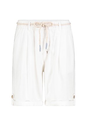 White knee-length shorts with a braided rope belt, rolled cuffs secured by buttons, and subtle pleats at the front.
