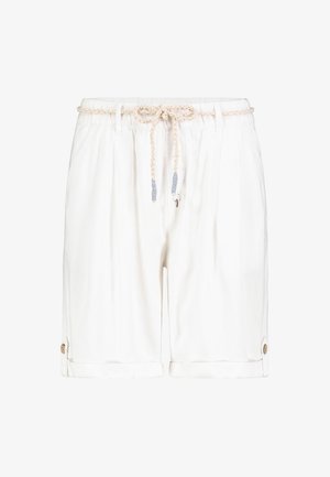 White knee-length shorts with a braided rope belt, rolled cuffs secured by buttons, and subtle pleats at the front.