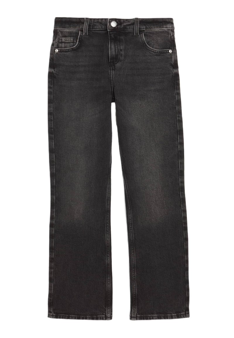 Jeans de mezclilla negra con diseño de pierna recta, cinco bolsillos y cierre de botón. Presentan un suave desvanecimiento y detalles de costura.