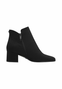 Black ankle boots made of suede-like material, featuring a tapered toe, a block heel, and side zipper detail.