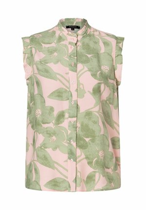 Korte mouwen blouse in roze stof met een groen bloemenpatroon, voorzien van een mandarinokraag en een sluiting met knopen aan de voorkant.