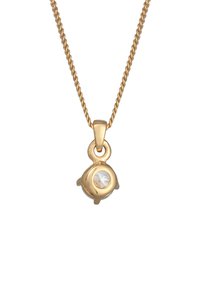 Goldfarbener Anhänger an einer gedrehten Kette, mit einem runden Kristall in der Mitte und einer abgerundeten, strukturierten Fassung.