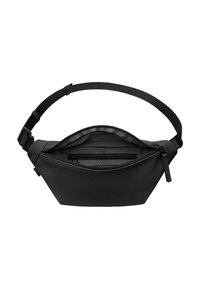 Bolso de cintura negro hecho de material sintético suave. Cuenta con un compartimento principal con cremallera y una correa ajustable negra para un mejor ajuste.