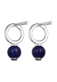 Silberne Creolen mit einer runden Lapislazuli-Perle, die eine polierte Oberfläche und eine glatte Textur aufweisen. Die Perle ist dunkelblau mit subtilen Variationen.