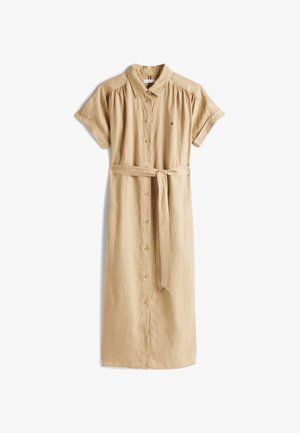 Knee garuma bežs kleita, izgatavota no viegla auduma, ar pogu fronti, īsām piedurknēm, apkakli un sasietu jostasvietu.