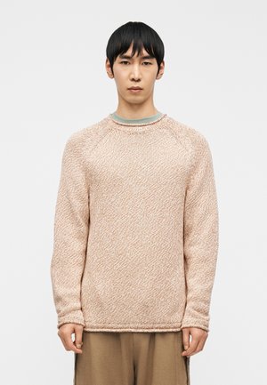 Giovane uomo con capelli neri lisci che indossa un maglione beige lavorato a maglia e pantaloni marroni larghi, in piedi su uno sfondo bianco uniforme.