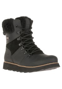 Zwarte veterschoenen tot de enkel met een leren buitenkant, een zachte kraag en accenten van gestructureerd suede. Rubberen zool met een duurzaam profielontwerp.