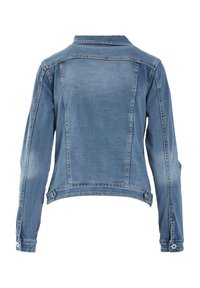 Niebieska kurtka dżinsowa z długimi rękawami, zapinanymi na guziki mankietami oraz regulowanymi guzikami w pasie, pokazana od tyłu.