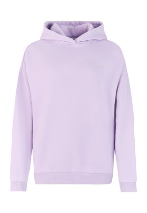 Lichtpaarse hoodie van zachte stof, met een kangoeroe-pocket, ribgebreide manchetten en een klein geborduurd logo op de borst.
