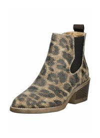 Botín hasta el tobillo de print de leopardo con material de cuero sintético, paneles laterales elásticos y un tacón apilado. Superficie texturizada y punta redondeada.