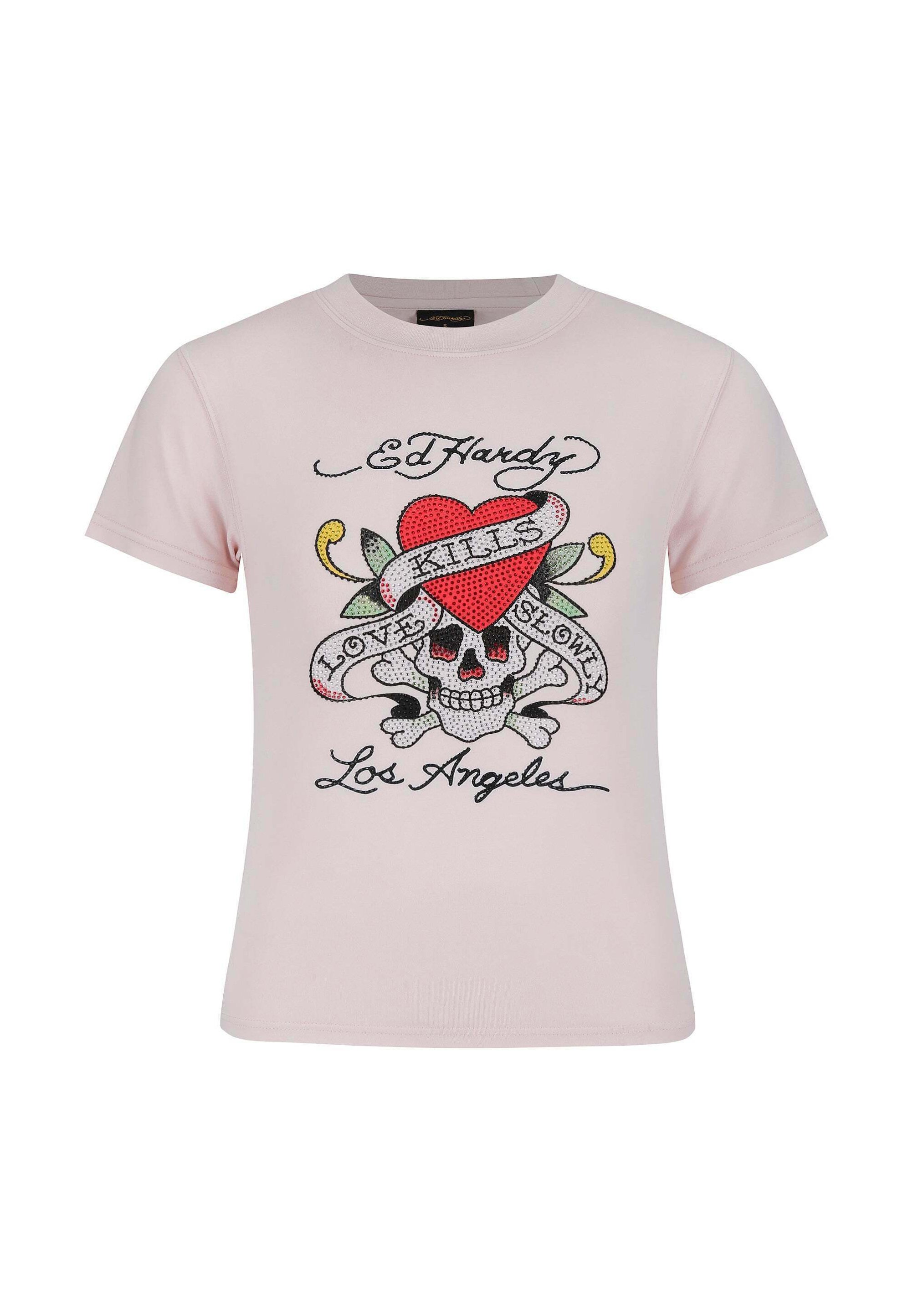 【Ed Hardy】 LOVE IS TRUE DIAMANTE クロップド丈 Tシャツ Ed Hardy LOVE KILLS SLOWLY DIAMANTE - Print T-shirt - pink