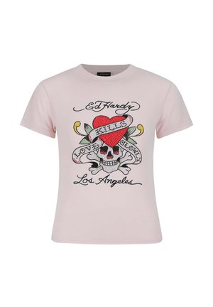 Světle růžové bavlněné tričko s motivem lebky, srdce a květinovým designem, zdobené barevnými rhinestones a textem "Ed Hardy".