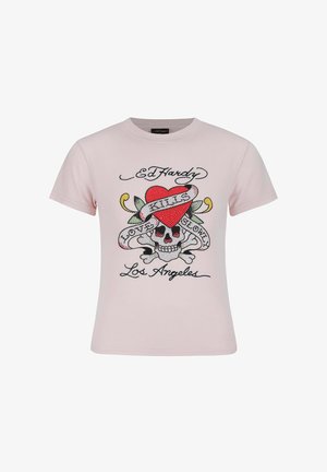 Světle růžové bavlněné tričko s motivem lebky, srdce a květinovým designem, zdobené barevnými rhinestones a textem "Ed Hardy".