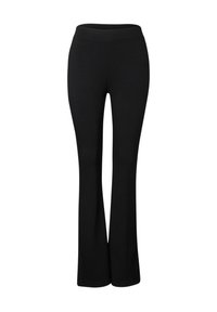 Zwarte leggings met een uitlopende onderkant, gemaakt van een gladde, rekbare stof. Voorzien van een brede, aansluitende tailleband voor extra comfort.