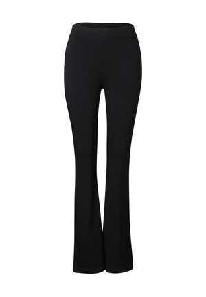 Leggings neri con fondo a campana, realizzati in un tessuto liscio ed elastico. Presentano una vita larga e aderente per un comfort aggiuntivo.