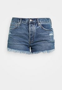 Džínové šortky v středně modré barvě s třepeným lemem, odřenými detaily a klasickým pětikapsovým designem. Uvádí přední zapínání na knoflík.