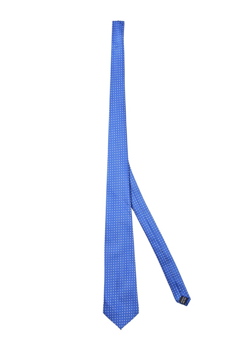 Cravatta di seta blu con piccoli pois bianchi, dalla forma stretta, texture liscia, punta affusolata e un anello per fissare l'estremità più larga.