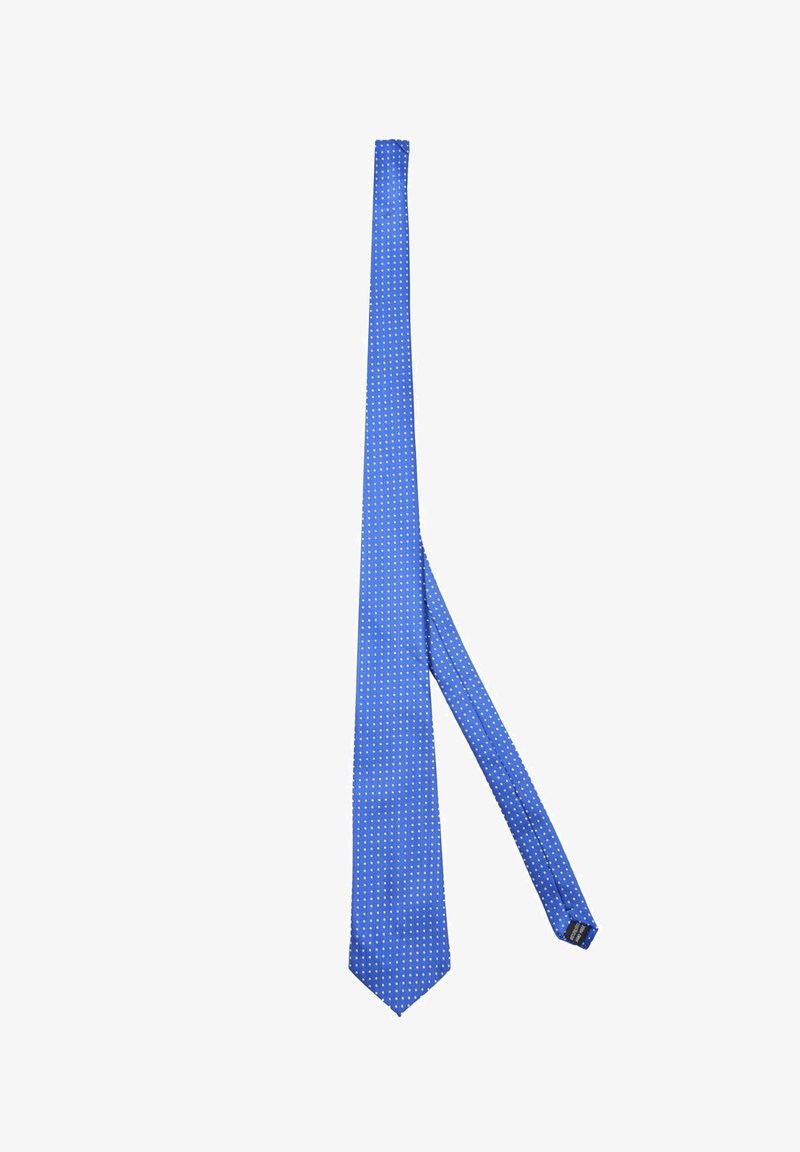 Cravatta di seta blu con piccoli pois bianchi, dalla forma stretta, texture liscia, punta affusolata e un anello per fissare l'estremità più larga.