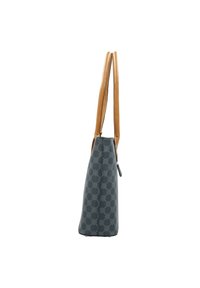 Gray patterned tote bag with a tapered shape, brown leather straps, and a zip closure. Features subtle logo details across the fabric surface.