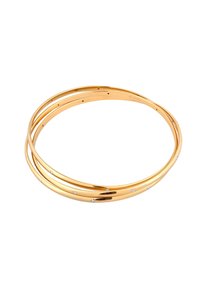 Armband aus goldfarbenem Metall, bestehend aus drei ineinandergreifenden Bändern mit einer glatten Oberfläche und kleinen, gleichmäßig verteilten klaren Strasssteinen.