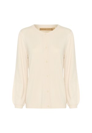 Cardigan beige chiaro realizzato in tessuto morbido, caratterizzato da un collo tondo, maniche lunghe a sbuffo e chiusura frontale con bottoni e dettagli a coste.