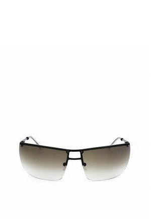 Occhiali da sole unisex eleganti con montatura in metallo nero e grandi lenti sfumate marroni, progettati per una copertura completa degli occhi e protezione dal sole.