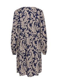 Robe marine avec un motif paisley beige, à manches longues, col rond et coupe décontractée. Fabriquée dans un tissu texturé avec une finition lisse.