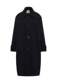 Navy wool coat with a collared neckline, front button closure, and two side pockets. Features cuffed sleeves and a mid-length silhouette.
