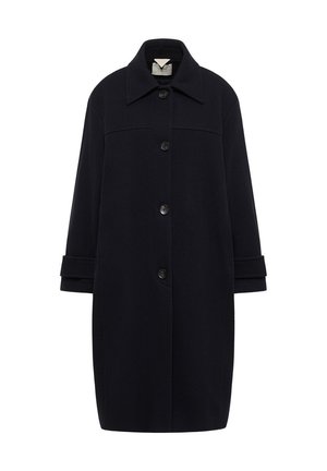 Marineblauer Wollmantel mit kragenförmigem Ausschnitt, Vorderknopfverschluss und zwei seitlichen Taschen. Mit umgeschlagenen Ärmeln und mittellanger Silhouette.