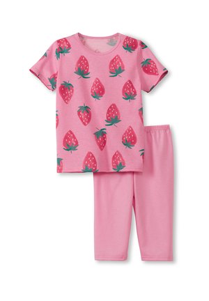 Das pinke Kinderpyjama-Set besteht aus einem kurzärmeligen Oberteil mit Erdbeerprint und passenden Leggings mit elastischem Bund aus einfarbigem pinkem Stoff.