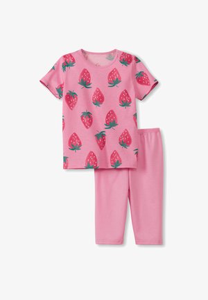 Set di pigiama per bambini rosa composto da una maglietta a maniche corte con stampe di fragole e leggings coordinati con vita elasticizzata in un tessuto rosa uniforme.