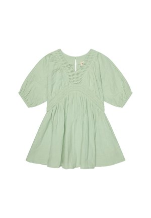Hellgrünes kurzes Kleid mit halblangen Puffärmeln, gerafftem V-Ausschnitt und tailliertem Detail, gefertigt aus weichem, strukturiertem Stoff.