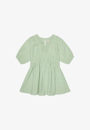 Hellgrünes kurzes Kleid mit halblangen Puffärmeln, gerafftem V-Ausschnitt und tailliertem Detail, gefertigt aus weichem, strukturiertem Stoff.