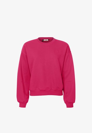 Roze sweatshirt met ronde hals van zachte stof. Kenmerkt zich door een dropped shoulder en geribbelde manchetten, met een klein logo-accent op de borst.