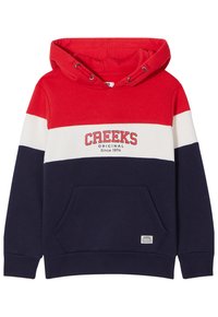 Felpa a righe rossa, bianca e blu con tasca a marsupio, cappuccio con coulisse e grafica "CREEKS ORIGINAL Since 1974" sul fronte.